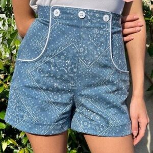 High-Waist Bandana Print Cotton Shorts - Blue